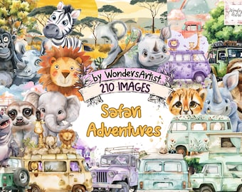 Watercolor Safari Clipart Bundle: 210 Animal & Vehicle PNG Images (Digital Download)