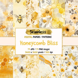 Honeycomb Bliss Seamless Pattern Digital Papers -  Bee & Honey Textures, Nature Printable Paper Backgrounds, Instant Download,Commercial Use