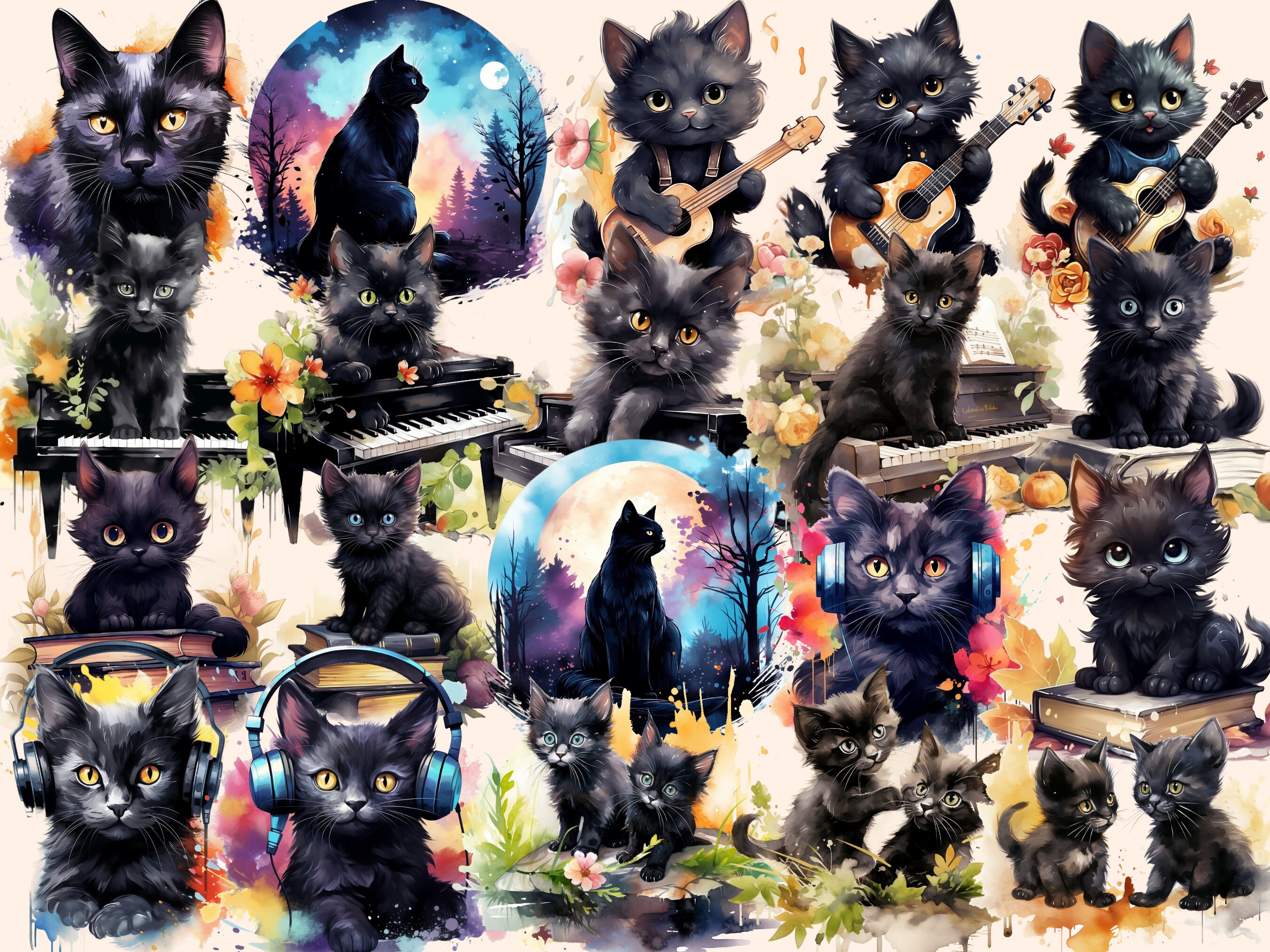 Black Cats Watercolor Clipart Bundle: 178 Feline PNG Images (digital ...