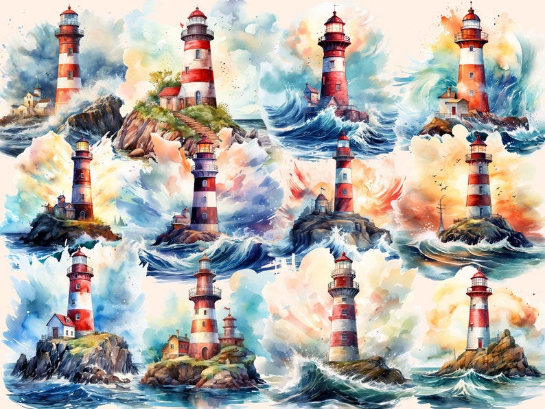 Lighthouses Watercolor Clipart Bundle: 78 Seaside PNG Images (digital ...