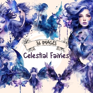 Celestial Fairies Watercolor Clipart Bundle - 36 Magical Fairytale Illustrations,Cute Storybook, PNG,Instant Digital Download,Commercial Use