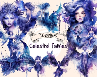 Celestial Fairies Watercolor Clipart Bundle: 36 Magical Illustrations (PNG, Digital Download)