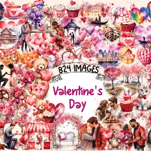 St. Valentine's Day Watercolor Clipart Bundle - 824 PNG Romantic Hearts Images, Love Day Graphics, Instant Digital Download, Commercial Use