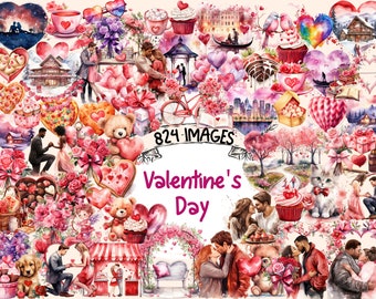 May include: A watercolor illustration with a Valentine's Day theme. The image features hearts, flowers, cupcakes, a teddy bear, a pizza, a gondola, a castle, and a couple kissing. The text "824 IMAGES" and "Valentine's Day" is also included in the image.