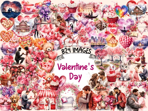 Valentine's Day Watercolor Clipart Bundle: 824 Romantic PNG Images (Digital Download)