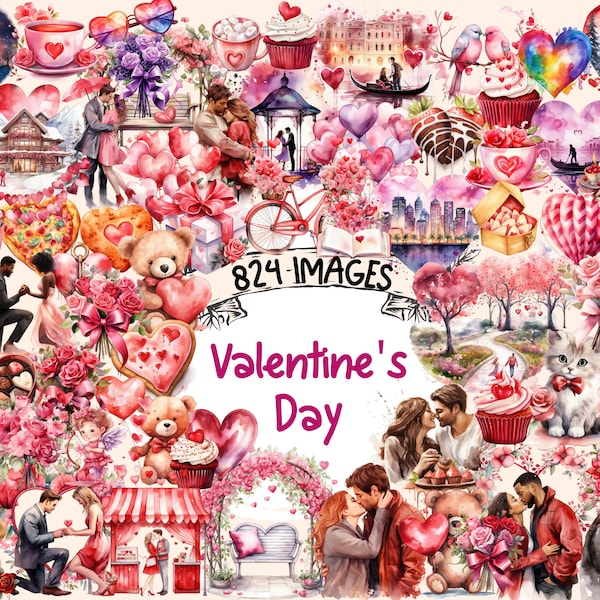 Valentinstag-Aquarell-Clipart-Bundle – 824 PNG-Bilder mit romantischen Herzen, Grafiken zum Liebestag, sofortiger digitaler Download, kommerzielle Nutzung