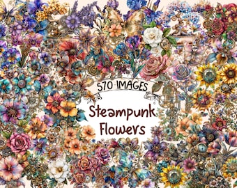 Steampunk Flowers Watercolor Clipart Bundle: 570 PNG Graphics (Digital Download)