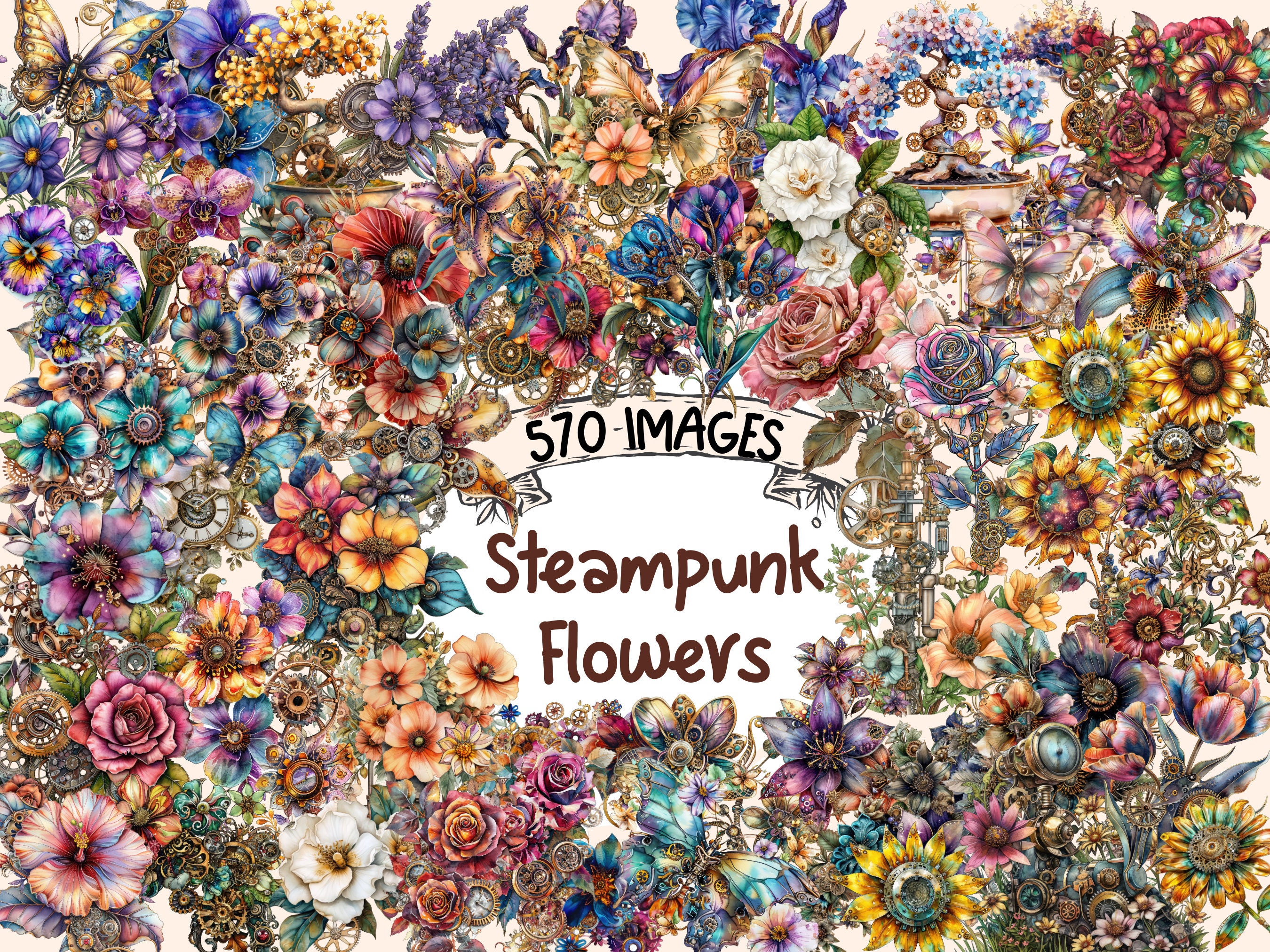 Steampunk Flowers Watercolor Clipart Bundle: 570 PNG Graphics (digital ...