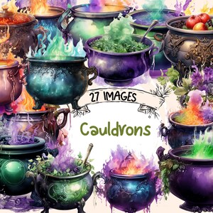 Op de afbeelding: Een verzameling van 27 afbeeldingen met verschillende ketels met kleurrijke vlammen en stoom. De ketels zijn gevuld met verschillende gekleurde vloeistoffen en ingrediënten, waaronder kruiden, appels en andere magische elementen. De afbeeldingen zijn perfect om een ​​fantasierijke en betoverende sfeer te creëren.