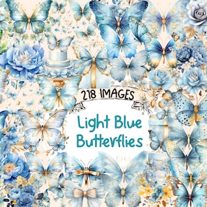 Light Blue Butterflies Watercolor Clipart Bundle -  218 PNG Blue Butterfly Images, Delicate Graphics,Instant Digital Download,Commercial Use