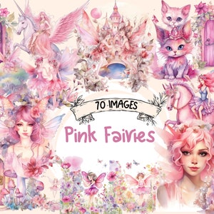 Clipart aquarelle de fées roses - 70 illustrations de fées enchantées magiques, livre de contes mignon, PNG, téléchargement numérique instantané, usage Commercial