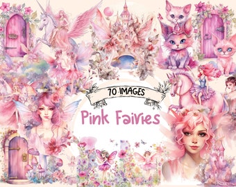 Pink Fairies Watercolor Clipart: 70 Magical Illustrations (Digital Download)