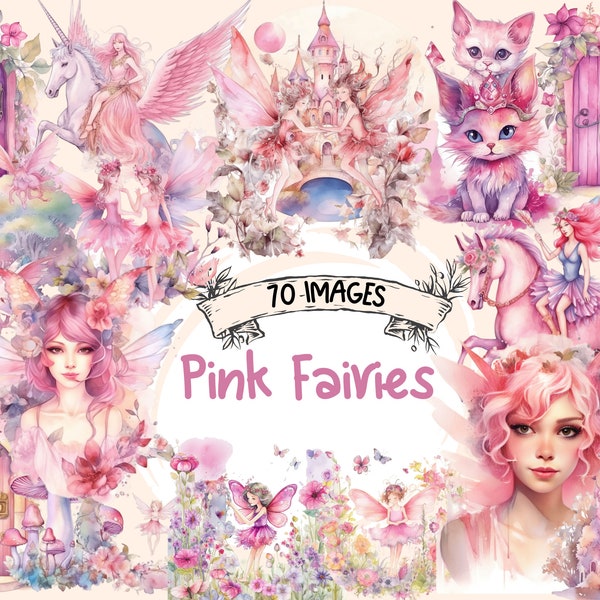 Pink Fairies Acuarela Clipart - 70 mágicas y encantadoras ilustraciones de hadas, lindo libro de cuentos, PNG, descarga digital instantánea, uso comercial