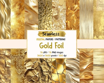 May include: A set of 76 digital seamless patterns featuring gold foil textures. The patterns are 3600 x 3600 pixels and 300 dpi.