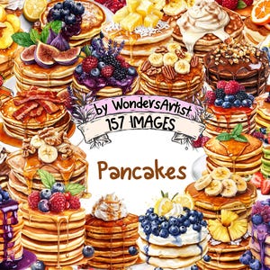 Pancakes Watercolor Clipart Bundle - 157 PNG Breakfast Images, Sweet Stack Illustrations, Cozy Kitchen, Instant Download, Commercial Use