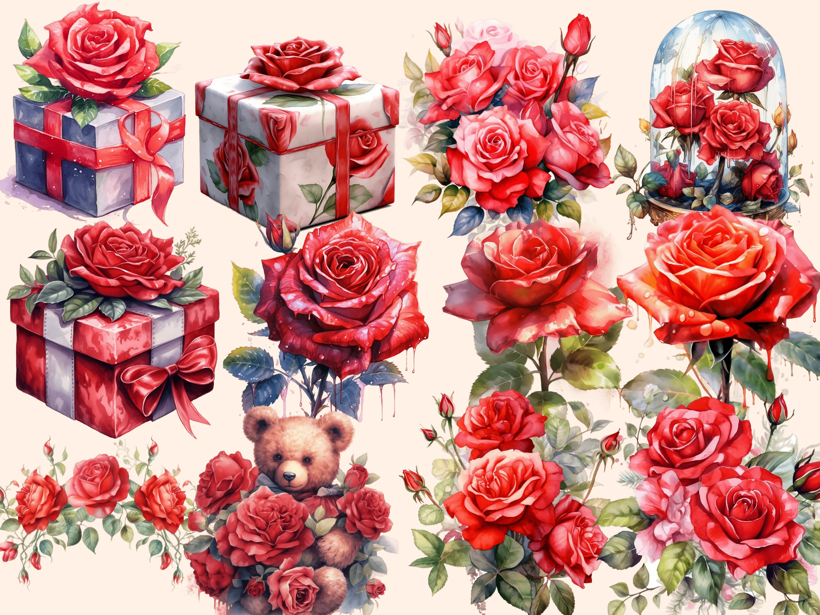 Red Roses Watercolor Clipart Bundle: 98 PNG Floral Graphics (digital ...