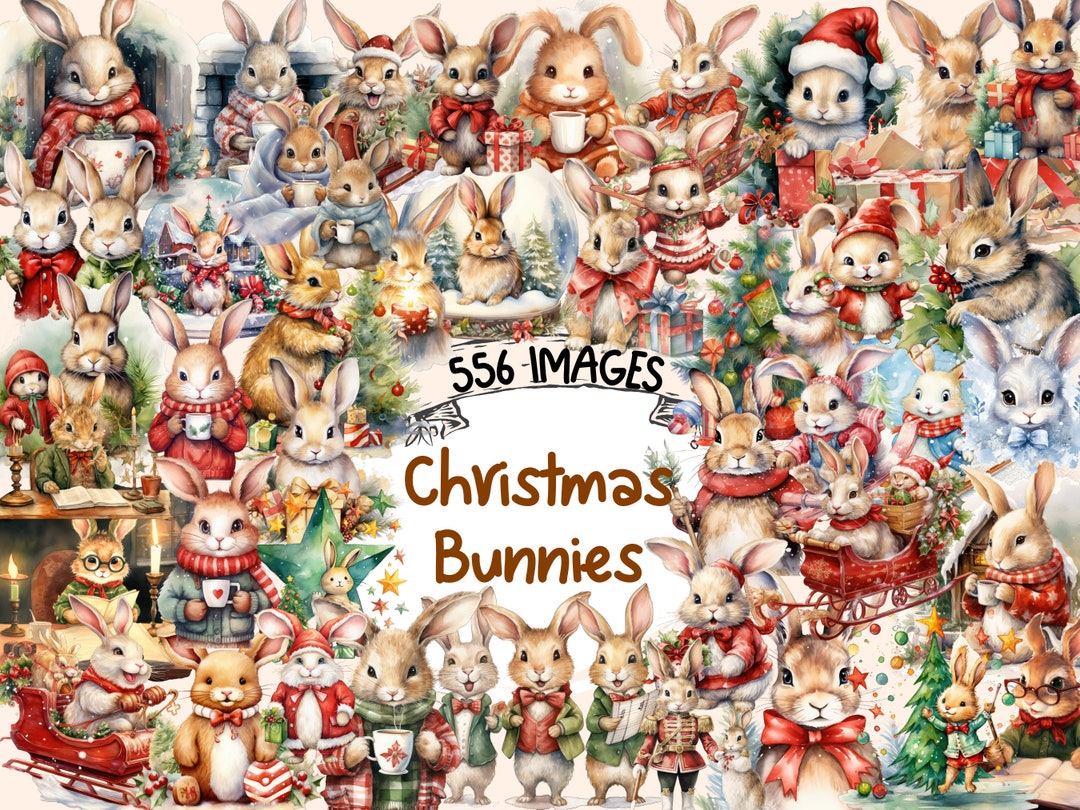 Christmas Bunnies Watercolor Clipart Bundle: 556 Festive PNG Images ...
