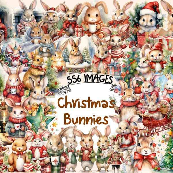 Christmas Bunnies Watercolor Clipart Bundle - 556 PNG Festive Bunny Images, Holiday Rabbit Graphics, Instant Digital Download,Commercial Use