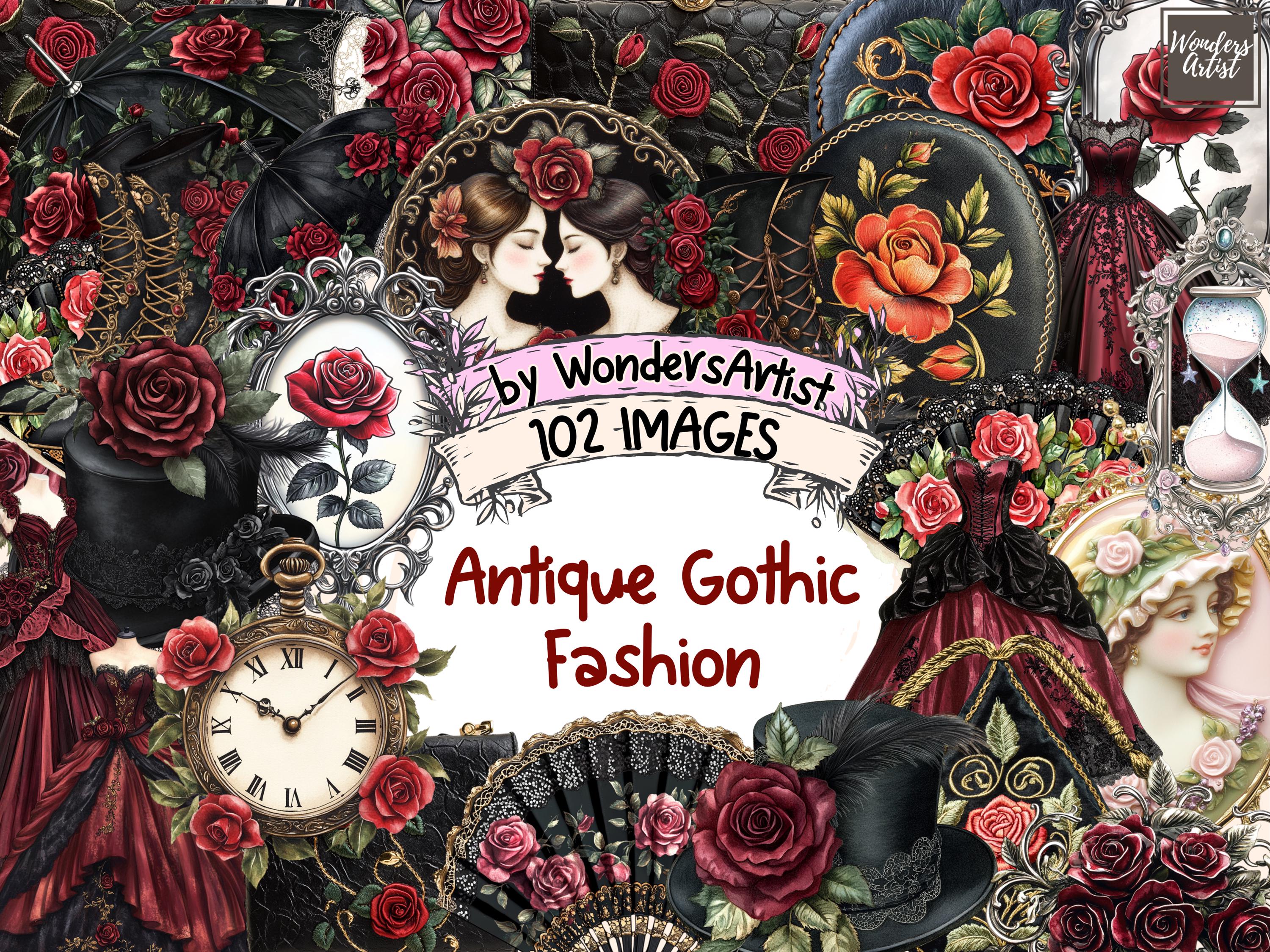 Antique Gothic Fashion Watercolor Clipart Bundle - 102 PNG Victorian Images, Dark Vintage Illustrations, Instant Download, Commercial Use