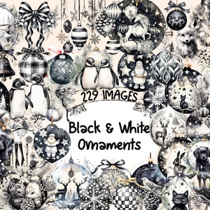White & Black Christmas Ornaments Watercolor Clipart Bundle - 229 PNG Festive Xmas Ornament Images, Instant Digital Download, Commercial Use