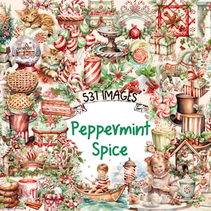 Peppermint Spice Watercolor Clipart Bundle - 531 PNG Candy Cane Images, Festive Seasonal Graphics, Instant Digital Download, Commercial Use