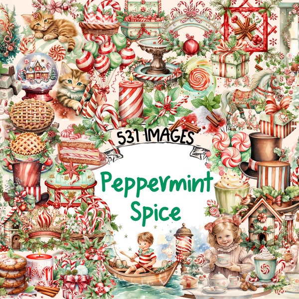 Peppermint Spice Watercolor Clipart Bundle - 531 PNG Candy Cane Images, Festive Seasonal Graphics, Instant Digital Download, Commercial Use