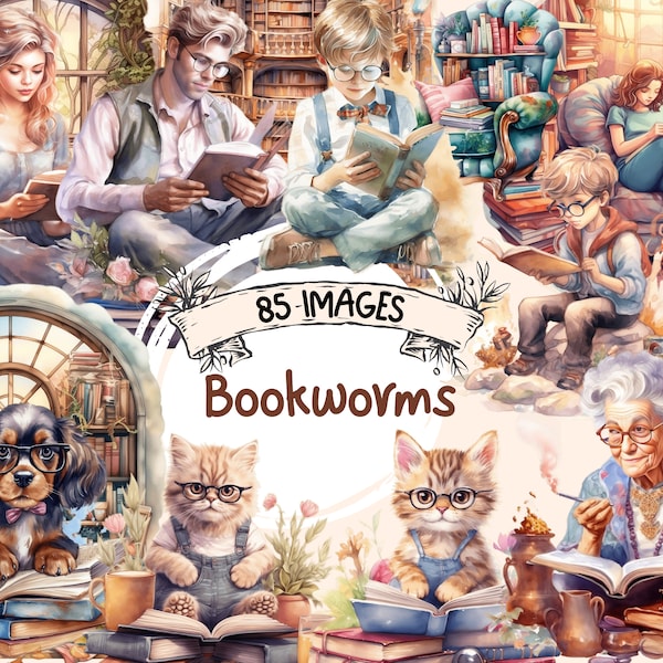 Bookworms Watercolor Clipart Bundle - 85 Magical Enchanting Book Illustrations, Cute Storybook, PNG, Instant Digital Download,Commercial Use