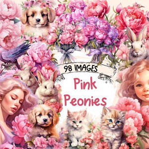 Pink Peonies Watercolor Clipart Bundle - 98 PNG Peony Flower Images, Beautiful Floral Graphics, PNG, Instant Digital Download,Commercial Use