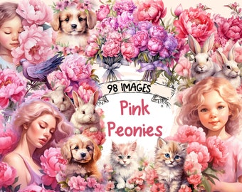Pink Peonies Watercolor Clipart Bundle: 98 Floral PNG Images (Digital Download)