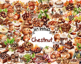 Chestnut Watercolor Clipart Bundle - 364 PNG Chestnuts Images, Delightful Autumn Nuts Graphics, Instant Digital Download, Commercial Use