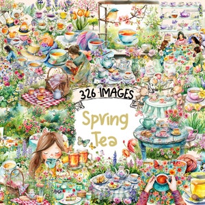 Spring Tea Watercolor Clipart Bundle - 326 PNG Springtime Teacup Images, Floral Teapot Graphics, Instant Digital Download, Commercial Use
