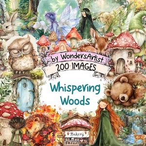 Whispering Woods Watercolor Clipart Bundle - 200 PNG Forest Scenes, Mystical Woodland Graphics, Instant Digital Download, Commercial Use