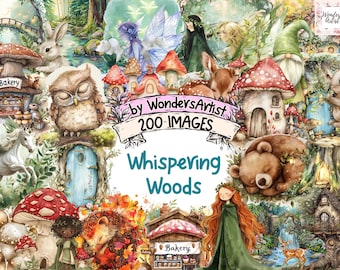 May include: A digital illustration set of 200 images featuring whimsical woodland creatures, fairies, mushrooms, and houses. The set is titled "Whispering Woods" by WondersArtist.