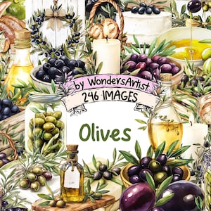 Olives Watercolor Clipart Bundle - 246 PNG Olive Images, Rustic Mediterranean Illustrations, Elegant Decor, Instant Download, Commercial Use