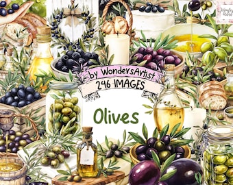 Watercolor Olives Clipart Bundle: Mediterranean Illustrations (246 PNG Images) (Digital Download)