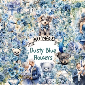Dusty Blue Flowers Watercolor Clipart Bundle - 360 PNG Floral Wreath Images,Elegant Wedding Graphics,Instant Digital Download,Commercial Use