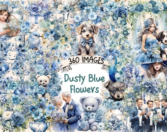 Dusty Blue Watercolor Flower Clipart Bundle: 360 PNG Wedding Graphics (Digital Download)