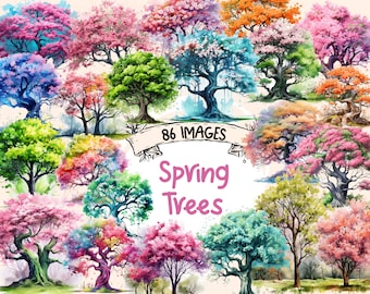 Watercolor Spring Trees Clipart: 86 PNG Blossom Illustrations (Digital Download)