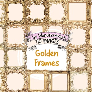 Golden Frames Watercolor Clipart - 110 PNG Elegant Frame Graphics, Vintage Gold Illustrations, Instant Digital Download, Commercial Use