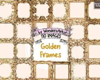 May include: A digital collage of 110 ornate gold picture frames. The frames are arranged in a grid pattern and have a variety of intricate designs. The text "Golden Frames" is written in a large, bold font at the bottom of the image.