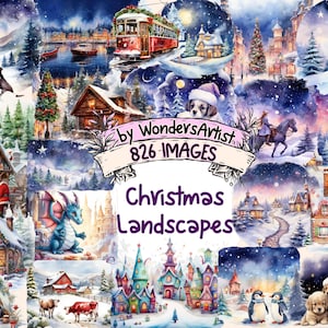 Christmas Landscapes Watercolor Clipart Bundle - 826 PNG Festive Landscape Images, Scenery Graphics, Instant Digital Download,Commercial Use