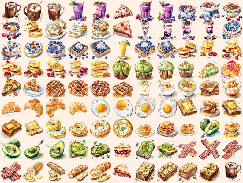 Breakfast Foods Watercolor Clipart Bundle 434 PNG Morning Meal Images