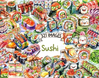 Watercolor Sushi Clipart Bundle: 321 PNG Japanese Food Graphics (Digital Download)