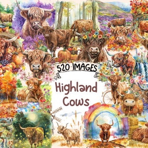 Highland Cows Watercolor Clipart Bundle - 520 PNG Shaggy Highland Cattle Images, Rustic Cow Graphics,Instant Digital Download,Commercial Use