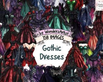 Gothic Dresses Watercolor Clipart: Dark Victorian Fashion (Digital Download)