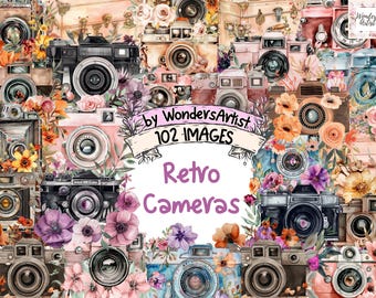 May include: A digital collage of 102 watercolor illustrations of vintage cameras with floral accents. The text "By WondersArtist 102 Images Retro Cameras" is in the center of the image.