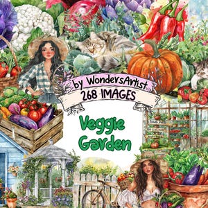 Veggie Garden Watercolor Clipart Bundle - 268 PNG Fresh Vegetable Garden Images, Homegrown Graphics, Instant Digital Download,Commercial Use