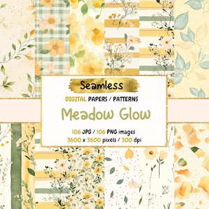 Meadow Glow Seamless Pattern Digital Papers - Texture floreali radiose, sfondi di carta stampabili con motivi naturali, download immediato, uso commerciale