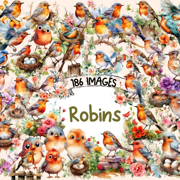 Robins Watercolor Clipart Bundle - 186 PNG Beautiful Cute Robin Images, Charming Bird Graphics, Instant Digital Download, Commercial Use