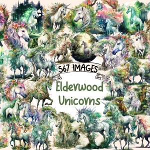 Elderwood Unicorns Watercolor Clipart Bundle - 567 PNG Forest Unicorn Images, Fairytale Graphics, Instant Digital Download, Commercial Use